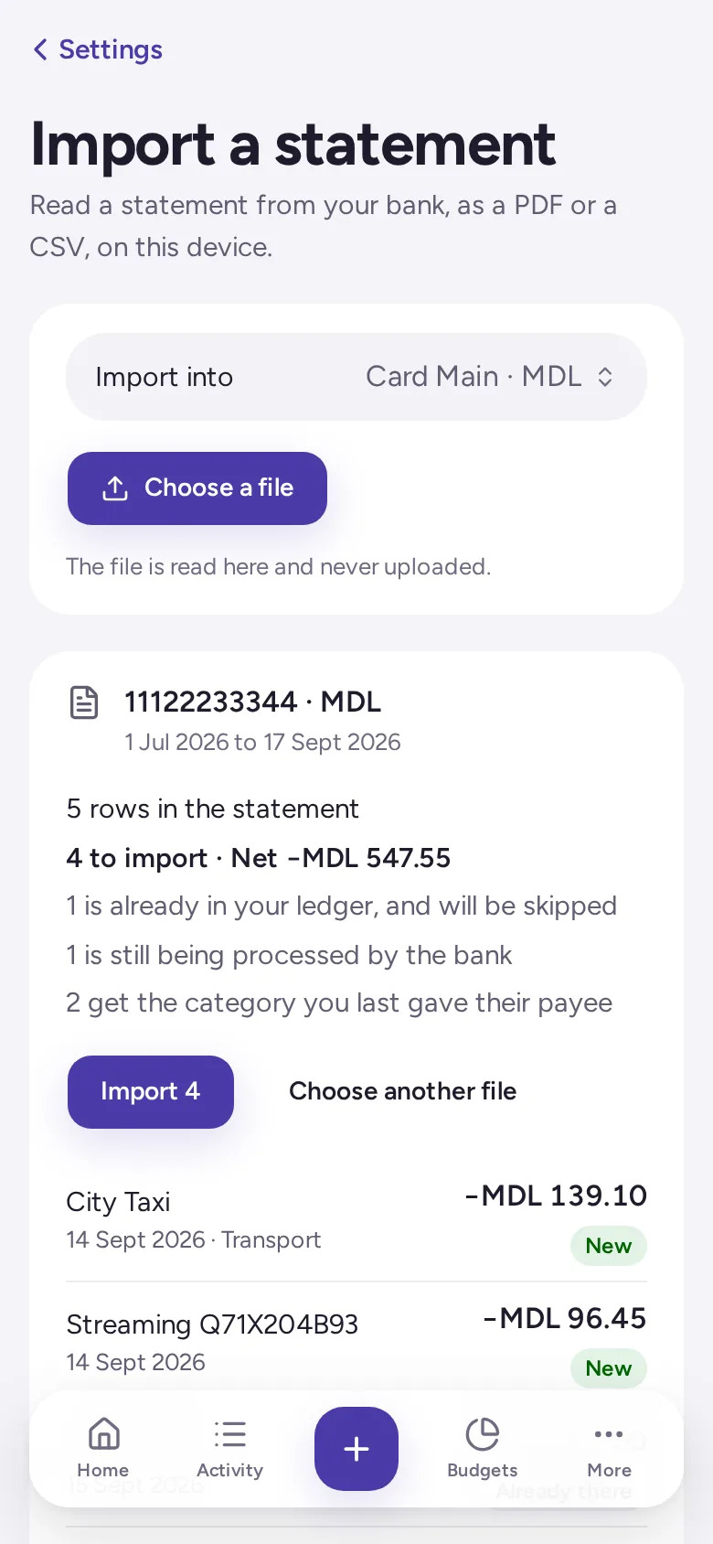 A bank statement read on the device: every row matched, the new ones ready to save.