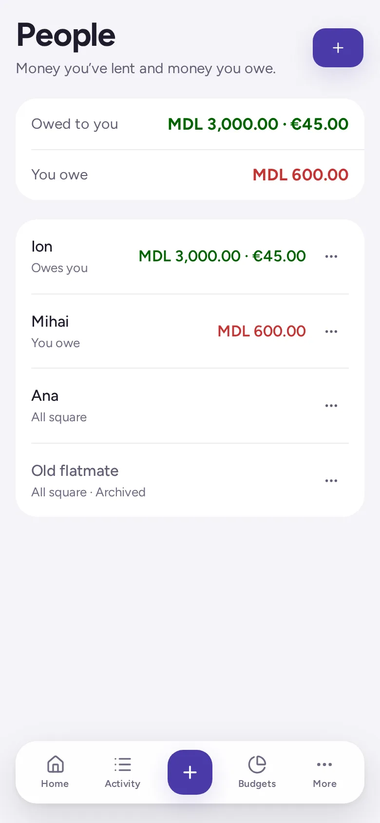 People: what you're owed and what you owe in each currency, and each person's dated entries.