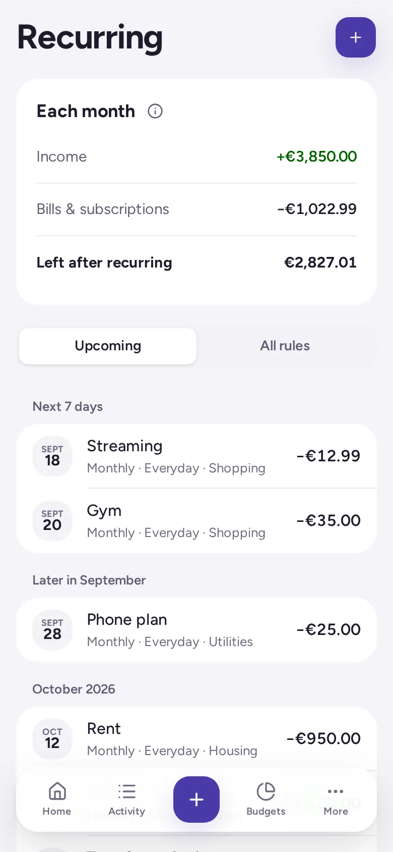 Recurring money each month (income, bills and subscriptions, and what is left) and the bills due in the next seven days.