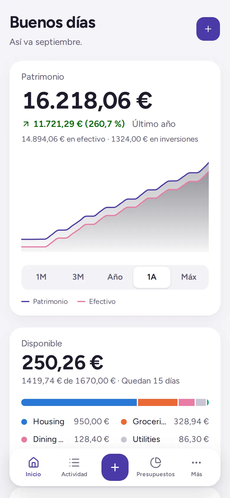 La pantalla de inicio de Consistent: el patrimonio con un gráfico del último año y lo que queda disponible este mes.