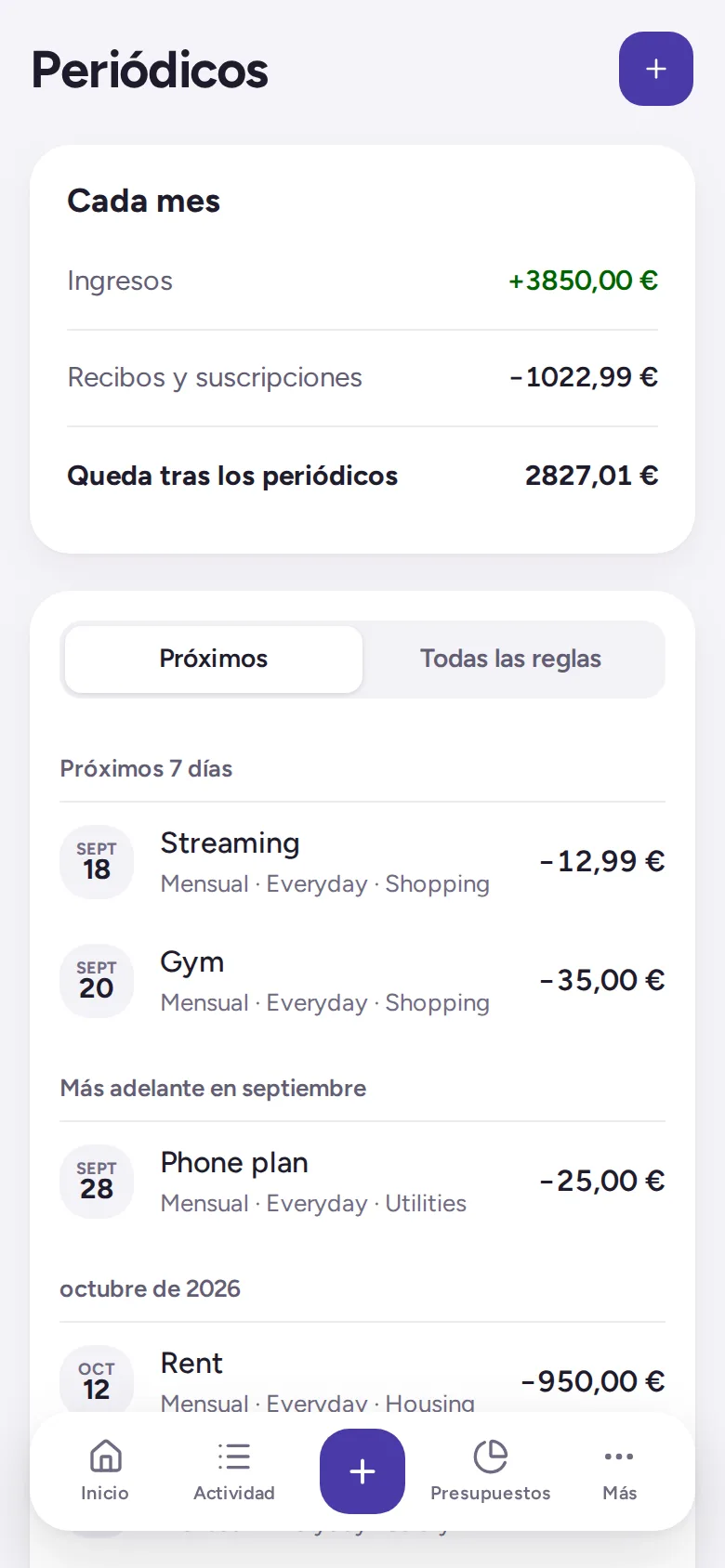 El dinero periódico de cada mes (ingresos, facturas y suscripciones, y lo que queda) y las facturas de los próximos siete días.