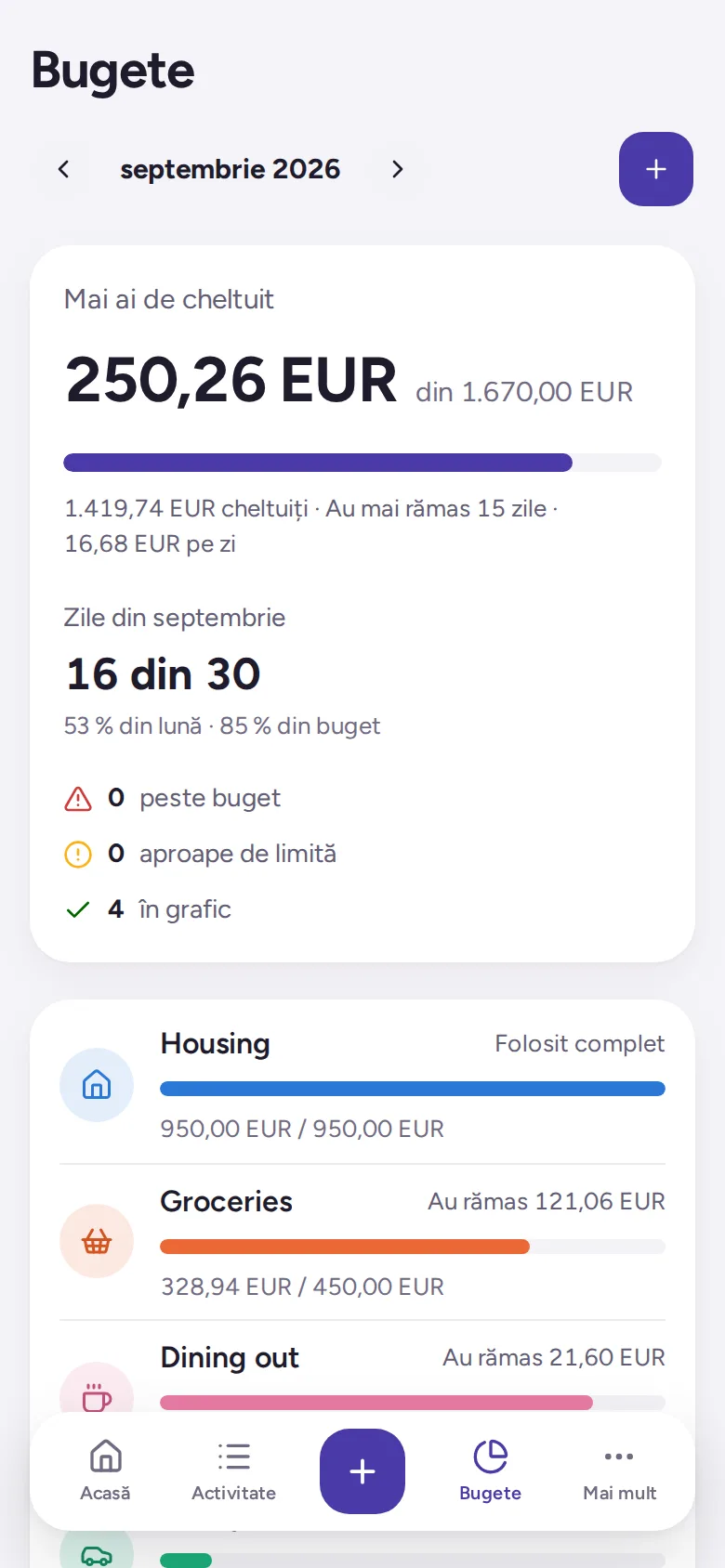 Bugetul lunii: cât mai ai de cheltuit, cât a trecut din lună și bara de progres a fiecărei categorii.